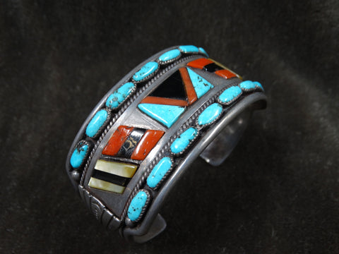 Navajo Leroy Thomas Turquoise, Coral, Mother of Pearl and Onyx Cuff c 1970 J415