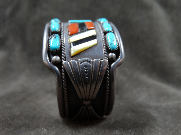 Navajo Leroy Thomas Turquoise, Coral, Mother of Pearl and Onyx Cuff c 1970 J415