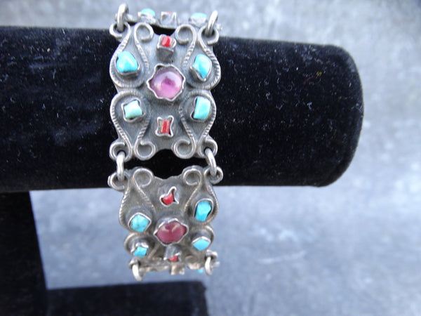 Coral, Amethyst & Turquoise Silver Bracelet from the Matilde Poulat Workshop