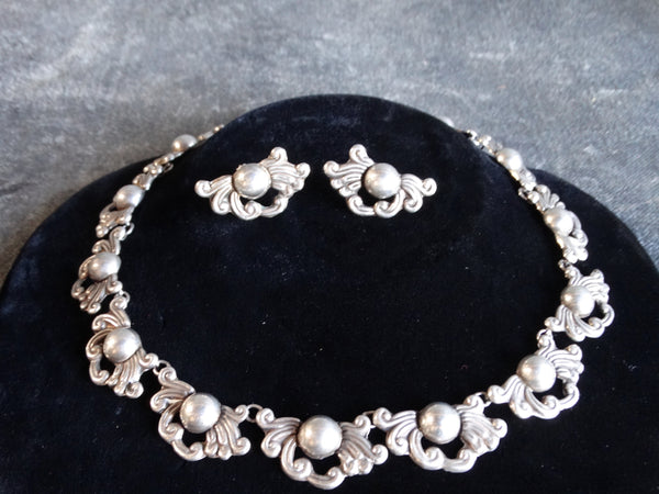 Taxco Silver Suite of Earrings and Necklace circa 1940s J427