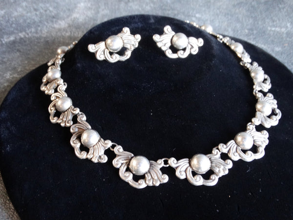 Taxco Silver Suite of Earrings and Necklace circa 1940s J427