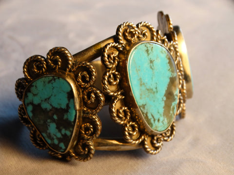 Navajo Turquoise & Silver 3-Stone Cuff circa 1960s J446