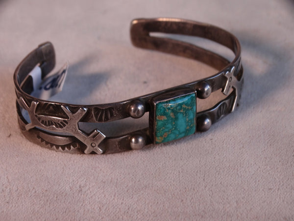 Fred Harvey Single Stone Turquoise & Silver Cuff Arrow & Thunderbird Motifs J451