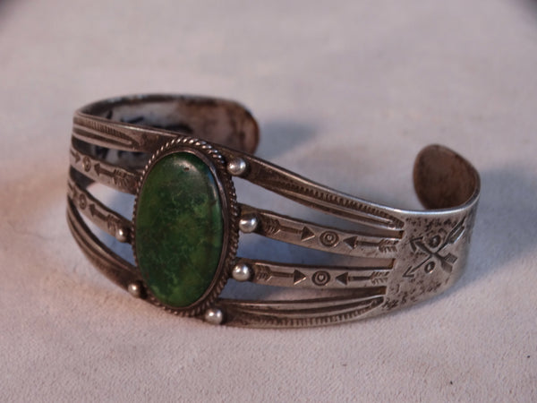 Fred Harvey Single Oval Stone Turquoise and Silver Cuff Thunderbird/Arrow Motifs J452