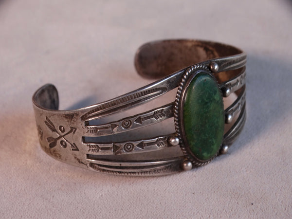 Fred Harvey Single Oval Stone Turquoise and Silver Cuff Thunderbird/Arrow Motifs J452