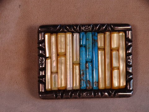 Albert Toledo Navajo Mother of Pearl, Turquoise & Silver Belt Buckle J469