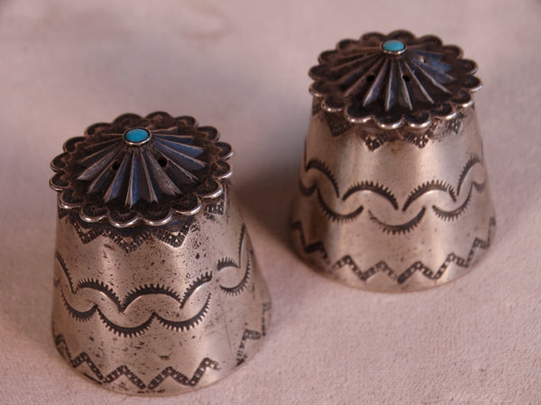 Navajo Turquoise & Silver Salt & Pepper Shakers circa 1940 J470