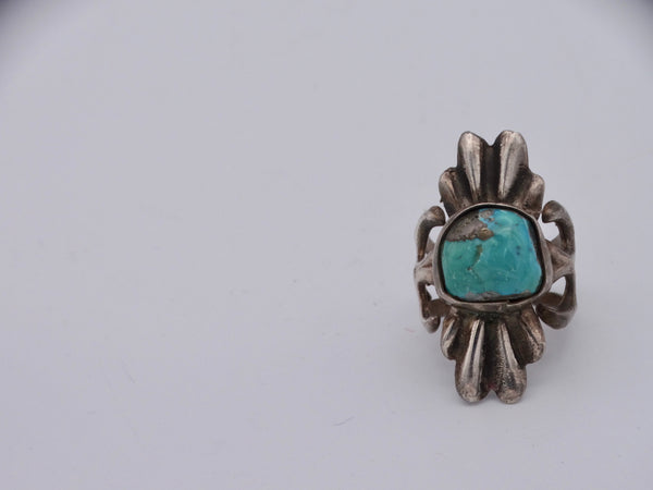 Sandcast Sunburst Ring with Bezel-set Turquoise  1930s J482