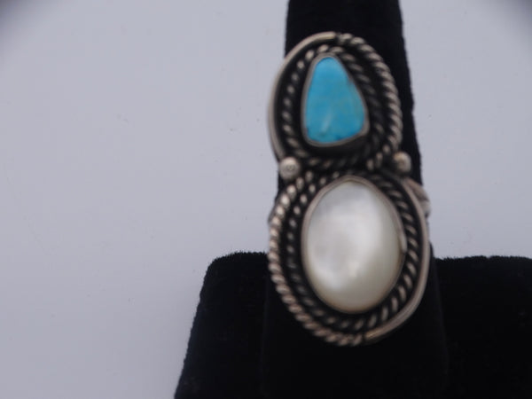 Navajo Turquoise & Mother of Pearl Double Bezel-set Ring J483