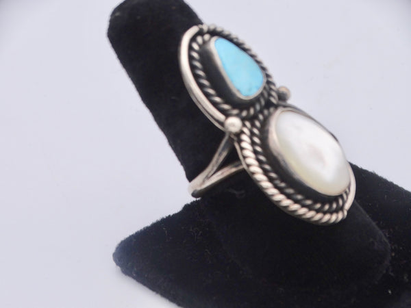 Navajo Turquoise & Mother of Pearl Double Bezel-set Ring J483