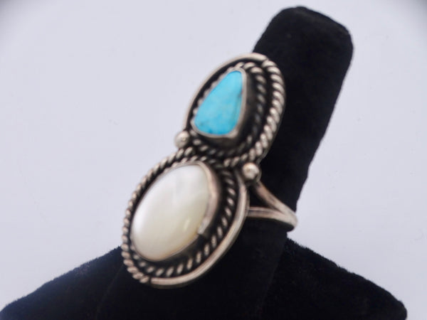 Navajo Turquoise & Mother of Pearl Double Bezel-set Ring J483