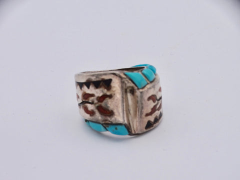 Henry Spencer Navajo Coral & Turquoise Ring with Chili Motif J486