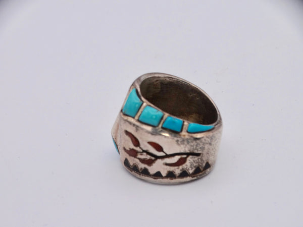 Henry Spencer Navajo Coral & Turquoise Ring with Chili Motif J486