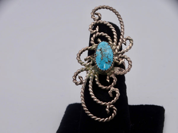 Navajo Openwork Rope Wire Ring with Serrated Bezel-set Turquoise Cabochon J490