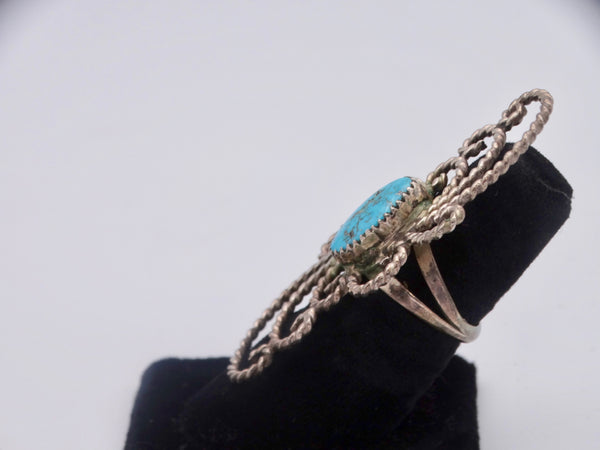 Navajo Openwork Rope Wire Ring with Serrated Bezel-set Turquoise Cabochon J490