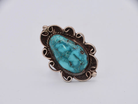 Navajo Oval Ring - Turquoise Setting with Wire Filigree Accents J491