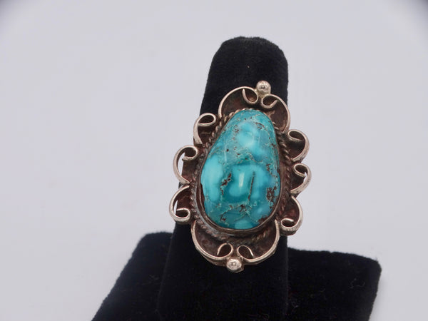 Navajo Oval Ring - Turquoise Setting with Wire Filigree Accents J491