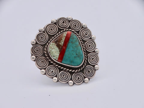 Navajo Turquoise & Coral Inlaid Ring with Swirling Cloud Motif J515