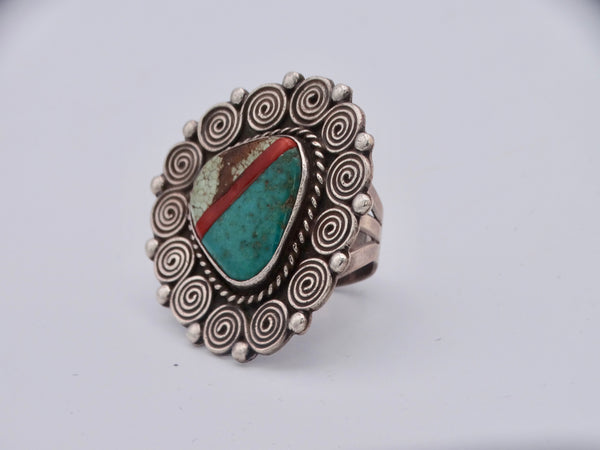 Navajo Turquoise & Coral Inlaid Ring with Swirling Cloud Motif J515