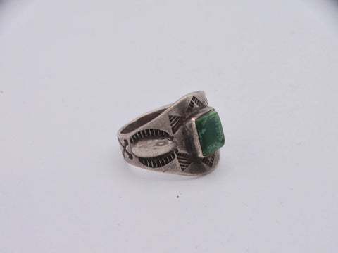 Fred Harvey Navajo Square-Set Dark Green Turquoise Ring 1930 J517