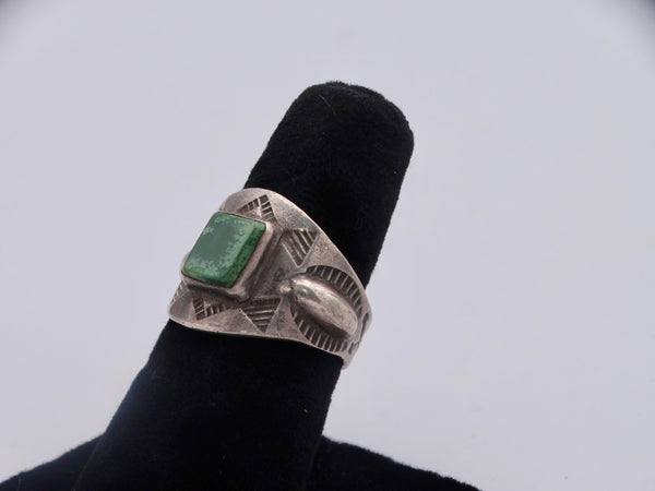 Fred Harvey Navajo Square-Set Dark Green Turquoise Ring 1930 J517