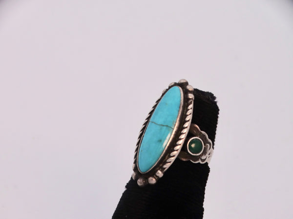 Fred Harvey Navajo Cabochon Turquoise with Side Punch Details and 2 Inset Darker Turquoises 1920s J527