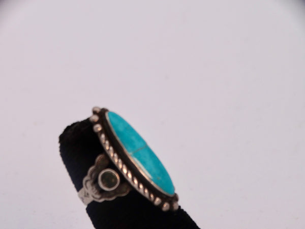 Fred Harvey Navajo Cabochon Turquoise with Side Punch Details and 2 Inset Darker Turquoises 1920s J527