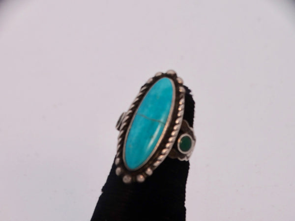 Fred Harvey Navajo Cabochon Turquoise with Side Punch Details and 2 Inset Darker Turquoises 1920s J527