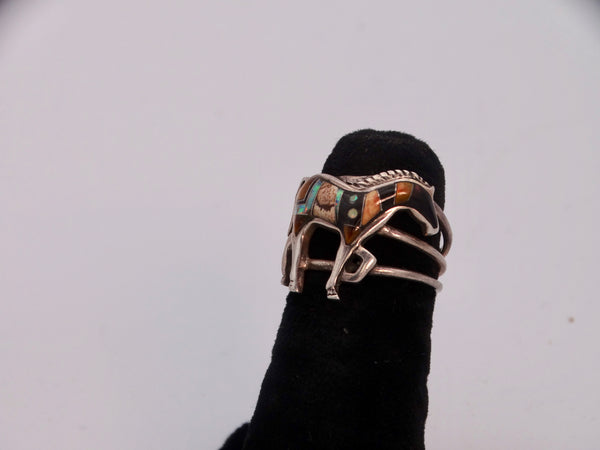 Navajo Horse Design Inlaid Mother of Pearl & Various Stones Silver Ring J533