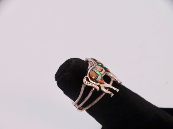 Navajo Horse Design Inlaid Mother of Pearl & Various Stones Silver Ring J533