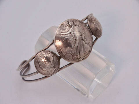 Navajo Silver Cuff w 1934 Quarter Flanked by Mercury Dimes J535