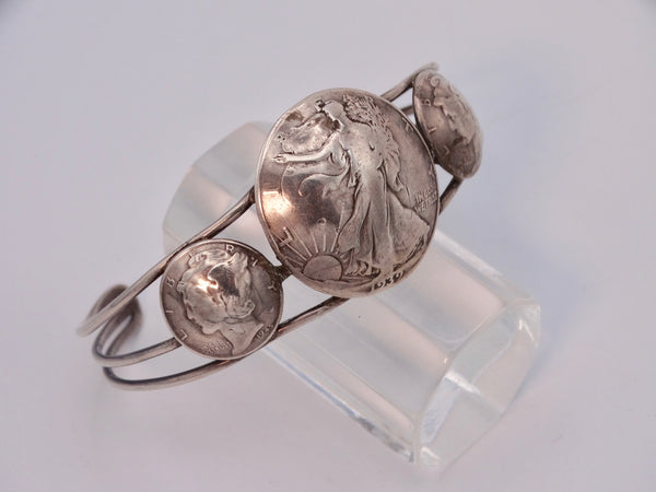 Navajo Silver Cuff w 1934 Quarter Flanked by Mercury Dimes J535