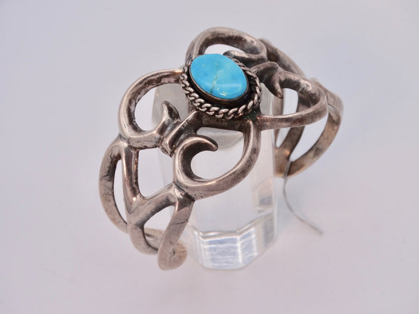 Navajo Sandcast  Silver Cuff w Center Turquoise Stone J544