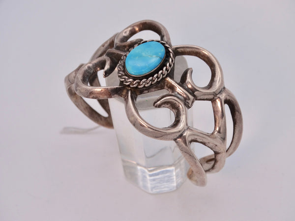 Navajo Sandcast  Silver Cuff w Center Turquoise Stone J544