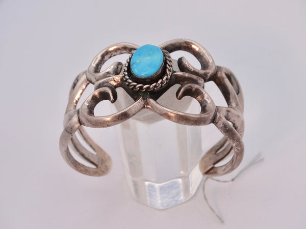 Navajo Sandcast  Silver Cuff w Center Turquoise Stone J544