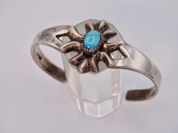 Navajo Sand-cast Silver Cuff with Turquoise in Sawtooth Bezel  in 6-Point Design J545