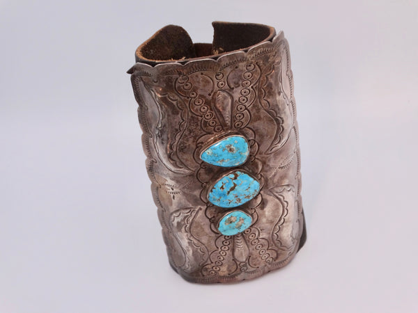 Navajo Three-Stone Turquoise & Silver Ketoh/Bow Guard With Rare Coins J546