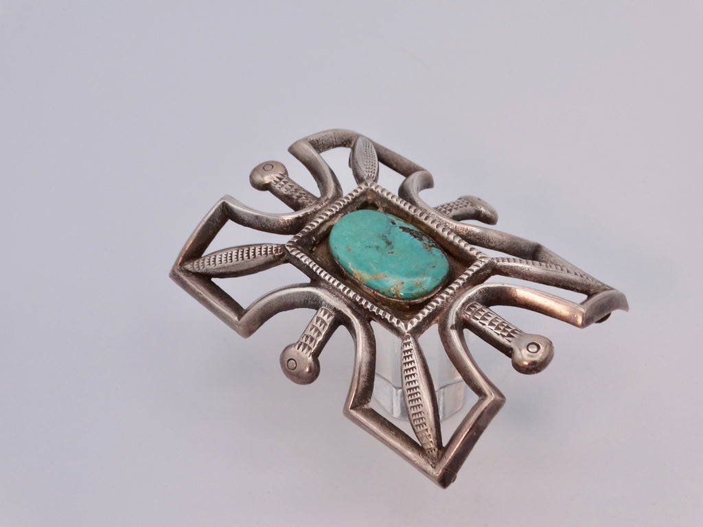 Navajo Sandcast Silver Ketoh/Bow Guard w Center Turquoise Stone c 1930s J547