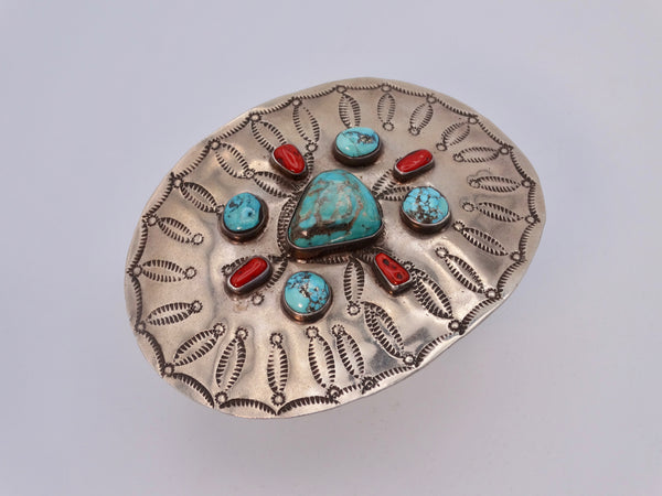 Navajo 9-Stone Turquoise & Coral Silver Buckle J550