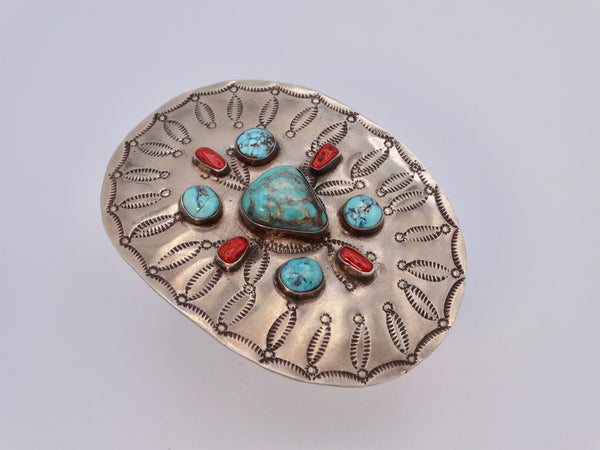 Navajo 9-Stone Turquoise & Coral Silver Buckle J550