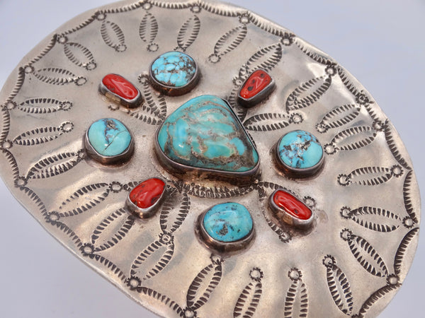 Navajo 9-Stone Turquoise & Coral Silver Buckle J550