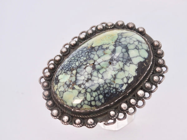 Navajo Silver Belt Buckle w Spider Turquoise Stone w Twisted Wire & Ball Motif Surround 1930s J555