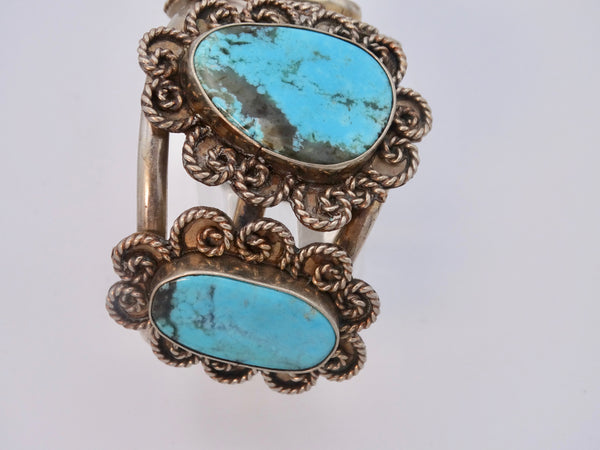 Navajo 3-Stone Silver & Turquoise Cuff w Twisted Curl Mounts J558