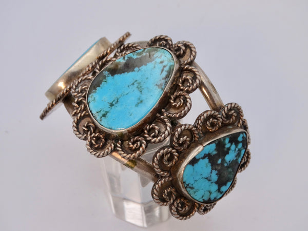 Navajo 3-Stone Silver & Turquoise Cuff w Twisted Curl Mounts J558