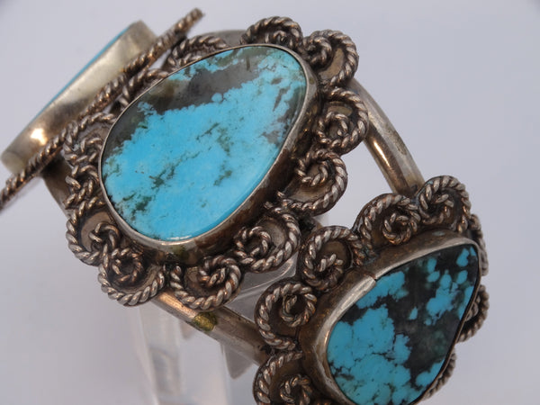 Navajo 3-Stone Silver & Turquoise Cuff w Twisted Curl Mounts J558