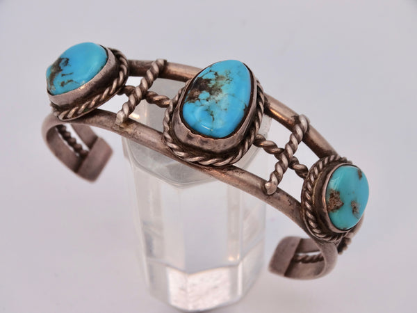 Navajo Open-Design 3-Stone Silver & Turquoise Cuff w Twisted Silver Bezels J562