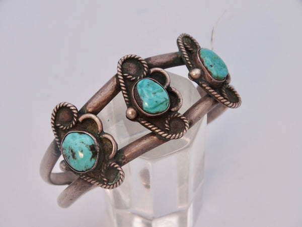 Navajo Silver Open Design Cuff with 3 Turquoise Stones w Cloud Bezels J563