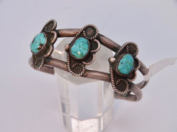 Navajo Silver Open Design Cuff with 3 Turquoise Stones w Cloud Bezels J563