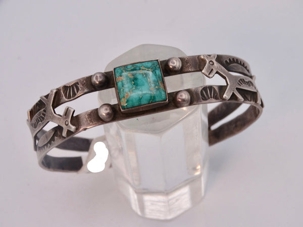 Fred Harvey Navajo Silver Cuff with Square-cut Center Turquoise, Arrow & Dog Motifs J565