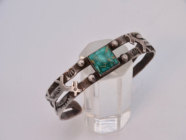 Fred Harvey Navajo Silver Cuff with Square-cut Center Turquoise, Arrow & Dog Motifs J565